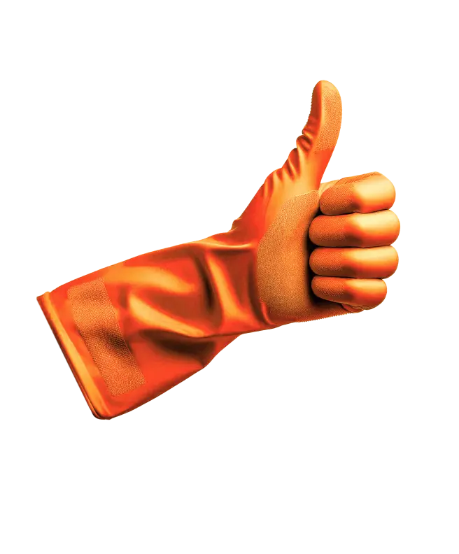 Daumen-hoch-Geste von Reinigungskraft mit orangem Handschuh