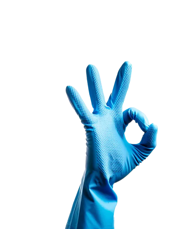 Hand mit blauem Handschuh zeigt das OK-Zeichen